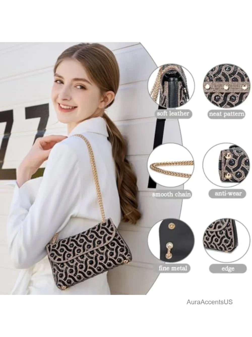 Evening Chain Strap Crossbody Clutch Purse with Rhinestones